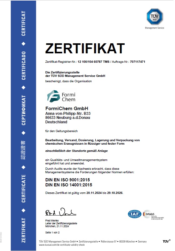 FormiChem Zertifikat ISO